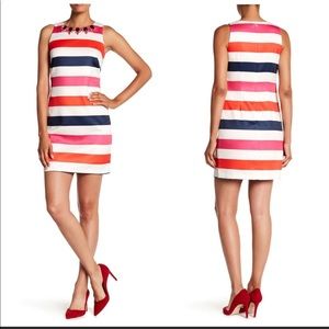 VINCE CAMUTO JEWELED NECKLINE STRIPED DRESS
